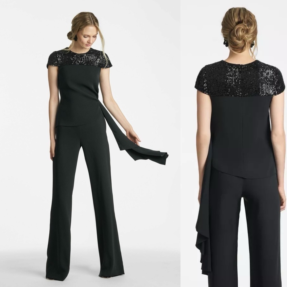 NWT Sachin & Babi Sz 10 Black Claudia Blouse Sequin Long Sash Short Sleeve $375
